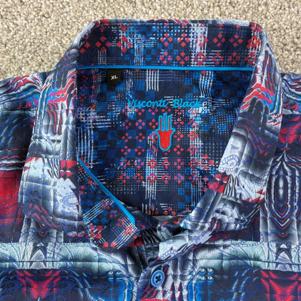 Visconti Black Mens‎ XL Button Down Shirt Red Blue Geometric Jacquard Flip Cuffs